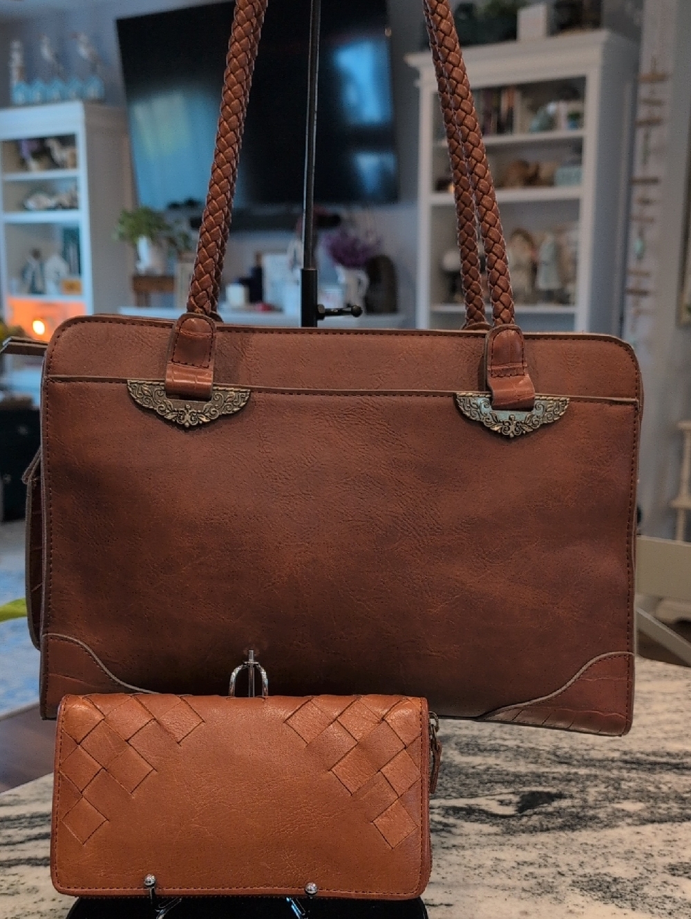 Bueno Brown Woven Leather Tote and Wallet Set